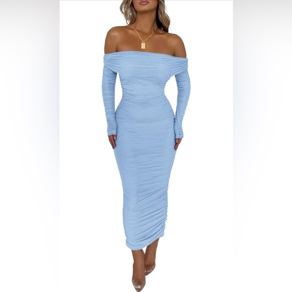 PRETTYGARDEN Fall Off Shoulder Maxi Bodycon Dress Ruched Fitted Club Dress